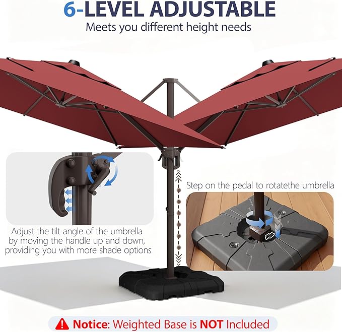 9' X 12' Cantilever Patio Umbrella Rectangle Outdoor Umbrella with Base Included, 6-Level Tilt & 360° Rotation Offset Umbrella for Garden, Deck, Pool (Red)