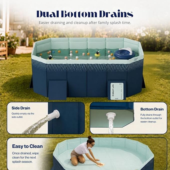 Large Foldable Pool, Non Inflatable Pool with 4-Layer Composite PVC, Sturdy Triangular Support Boards, Double Drains, Foldable Outdoor Pool for Backyard Kids & Adults, 5 Sizes