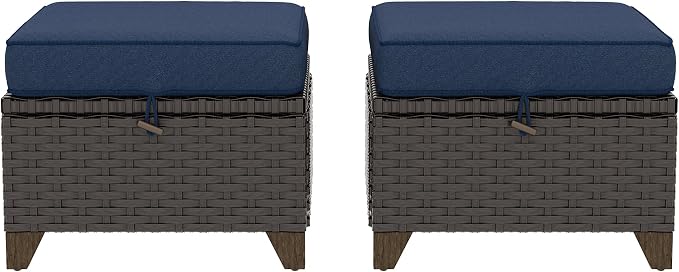 2 Pieces Patio Outdoor Ottomans with Removable and Washable Covers，PE Rattan Wicker Footstools for Porch, Garden, Sunroom (Navy Blue)