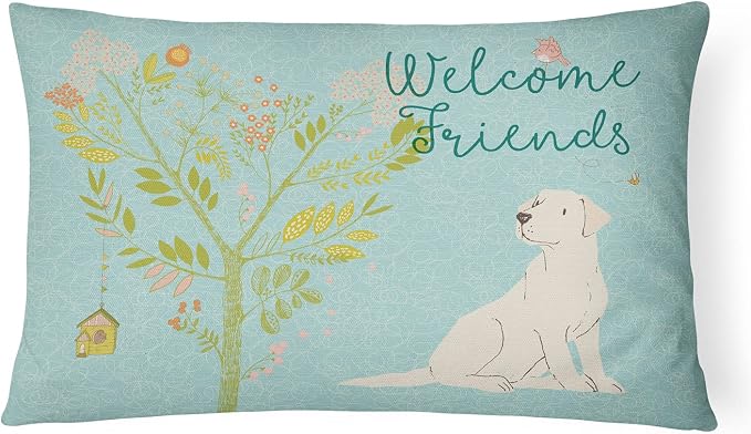 Caroline's Treasures BB7596PW1216 Welcome Friends Yellow Labrador Retriever Canvas Fabric Decorative Pillow Machine Washable, Indoor Outdoor Decorative Pillow for Couch, Bed or Patio, 12HX16W