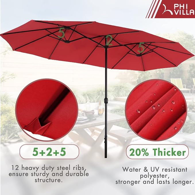 PHI VILLA 7pc Patio Dining Set with Umbrella, Wood-top Table, Rattan Chairs | 61" Wood-top dining table, 6 cushioned rattan wicker chairs, 13ft red umbrella. Perfect for patio, deck, yard, or porch.