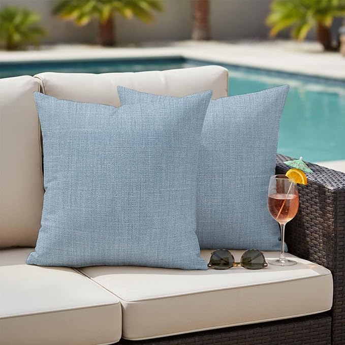 Outdoor Waterproof Throw Pillow Covers Set of 2 Sky Blue Linen Pillowcases 24x24 Inches Farmhouse Pure Color Decorative Pillows Cushion Case Patio Pillows for Couch Bed Chair Garden