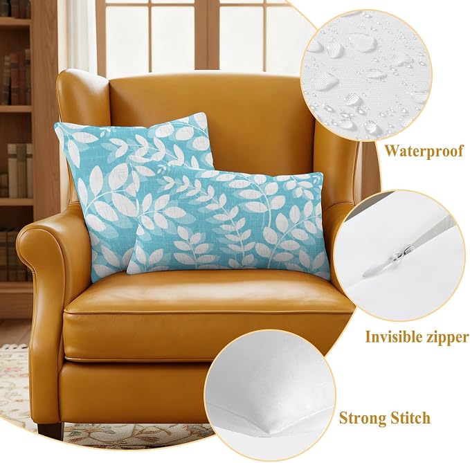 Light Blue Leaves Outdoor Waterproof Throw Pillow Covers 24x24 Set of 2, Farmhouse Botanical Branch Vintage Boho Leaf Decorative Pillowcases Cushion Pillowcase for Couch Sofa Patio Pillow Protector