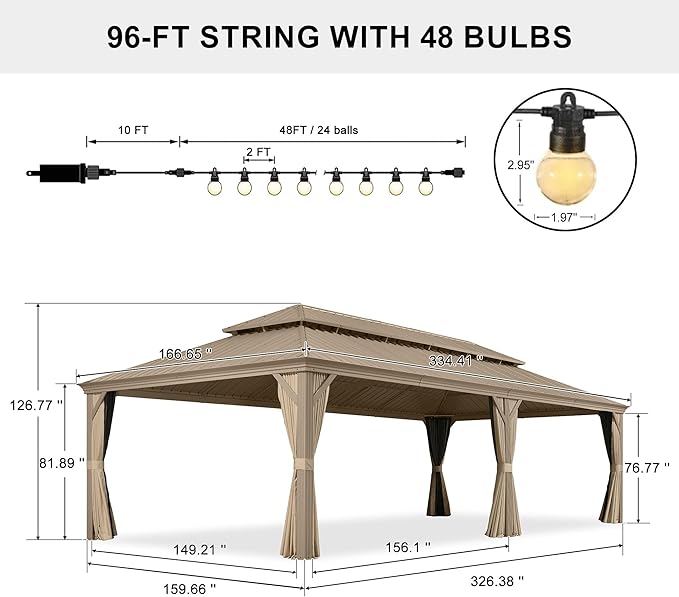 PURPLE LEAF Outdoor Gazebo 14'X28'，Champagne Hardtop Gazebo with Galvanized Steel Double Roof, Permanent Patio Gazebo with Curtains and Netting for Patio Lawn Garden and Deck