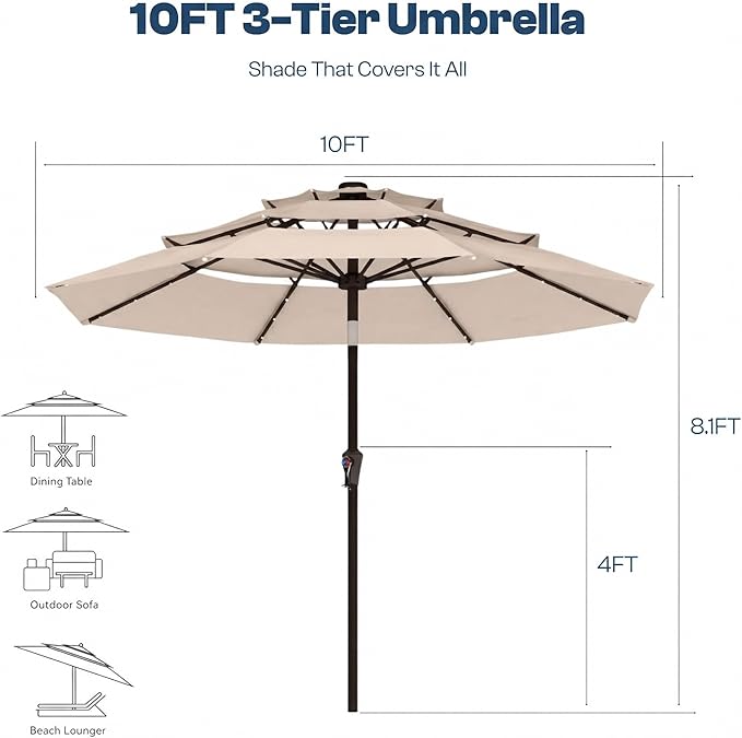 10ft 3-Tier Patio Umbrella with 32 Solar Powered LED Lights, Windproof Outdoor Market Umbrella for Deck, Poolside & Garden, Sturdy Push-Button Tilt Table Umbrella, Beige