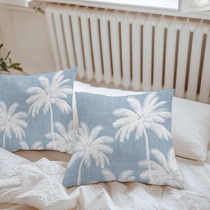 Outdoor Pillow Covers 26x26 Inch Set of 2, Light Blue Palm Trees Waterproof Throw Pillow Covers, Farmhouse Tropical Summer Beach Decorative Cushion Pillowcases for Couch, Sofa, Bed, Garden, Patio