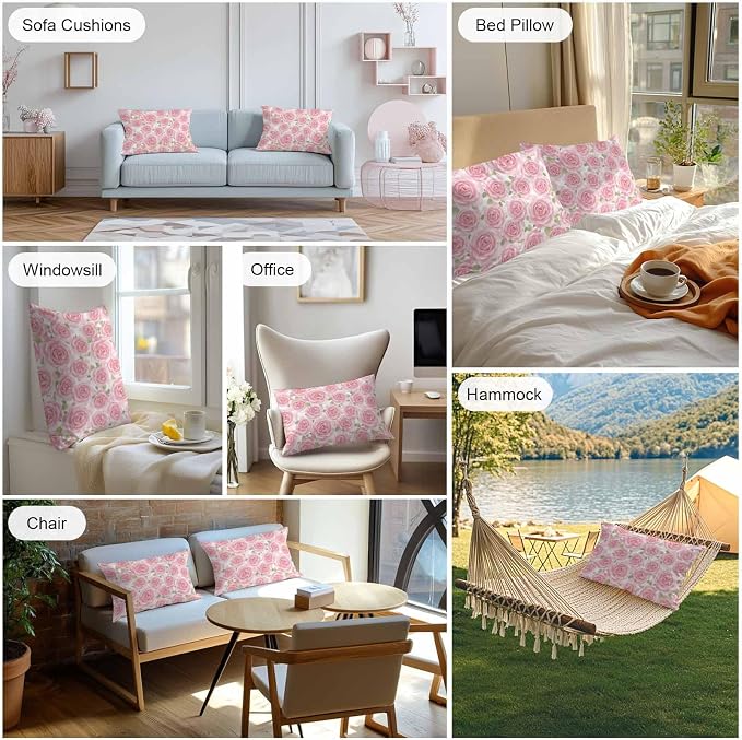 Vandarllin Outdoor Throw Pillows Covers 20x12 inch Set of 2 Waterproof Pink Rose Floral Decorative Zippered Cushion Covers for Patio Furniture, Flowers Leaves Plants Lumbar Pillowcases