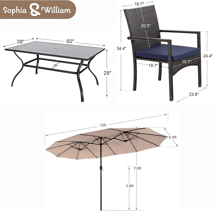 Sophia & William 8 Pieces Patio Dining Set with 13 Ft Beige Double-Sided Twin Umbrella, Outdoor Rattan Chairs & Metal Table Set with Cushions and 1.57" Umbrella Hole for Backyard Porch Poolside