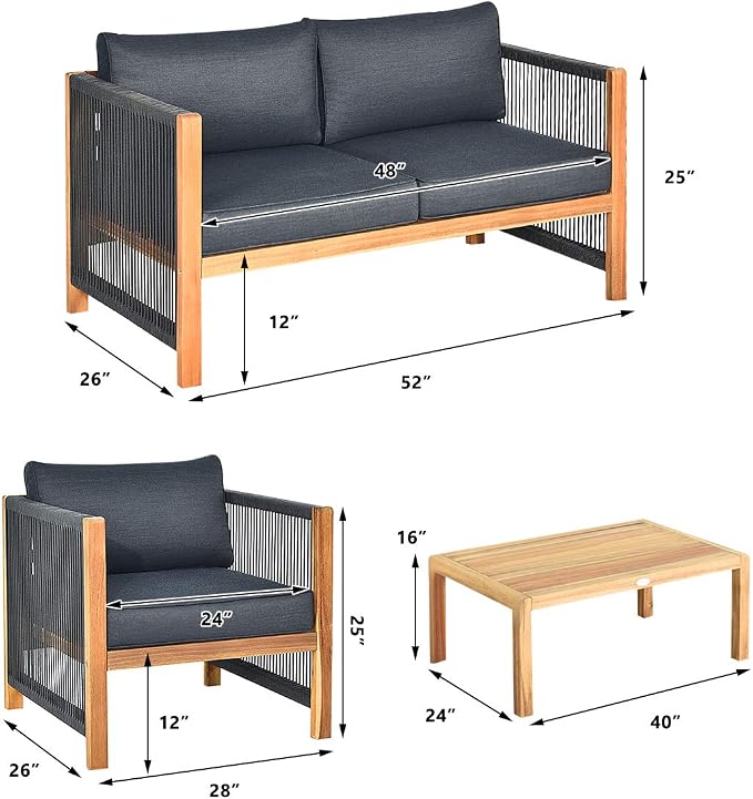 Tangkula Outdoor Wood Furniture Set, Acacia Wood Frame 2 Loveseat Sofa, 4 Single Chairs and 2 Coffee Table, 8 Pieces Conversation Set with Cushions, Garden Balcony Poolside Outdoor Living Set(2, Grey)