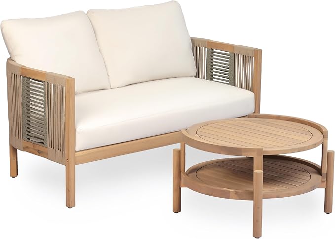 Christopher Knight Home 4-Piece Acacia Wood Patio Furniture Set with Coffee Table, 4 Seater Outdoor Conversation Sofa Set, Patio Sectional Chat Set for Backyard Balcony, Teak+ Beige