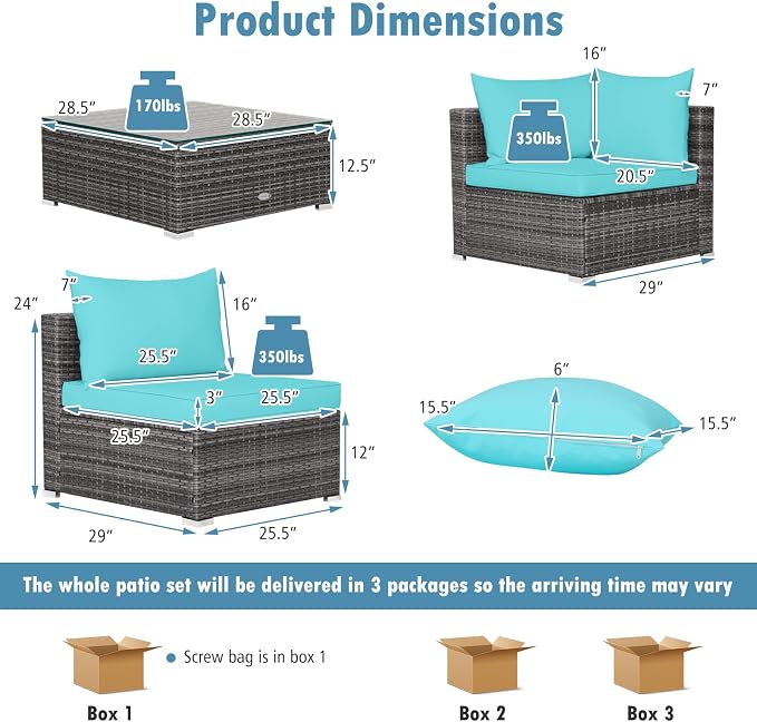 DORTALA 7 Pieces PE Rattan Patio Furniture Set, All-Weather Wicker Conversation Set W/Soft Cushions & Pillows, Coffee Table, Outdoor Sectional Sofa Set for Balcony, Poolside, Backyard, Turquoise