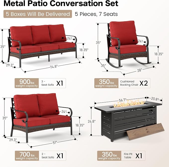 SUNSHINE VALLEY 5 Piece Metal Outdoor Patio Furniture Sets with Firepit Table, Patio Conversation Sets 1 3-Seater Sofa, 1 Loveseat, 2 Rocking Chair with 5.75" Cushion for Backyard Deck, Rust Red