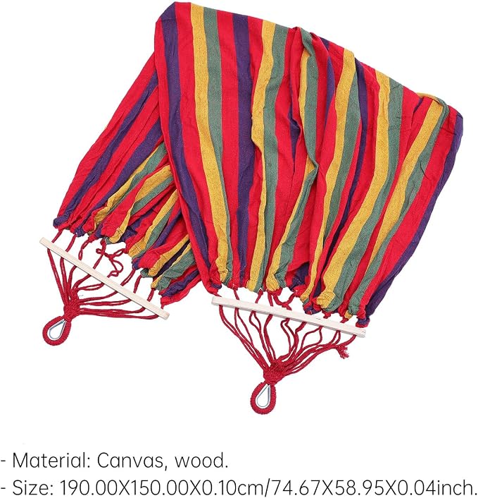 KALLORY Outdoor Striped Canvas Camping Hammock with Curved Rod and Duckbill Buckle, Single Portable Travel Hammock 190x150cm with Hanging Ropes and Storage Bag for Hiking and Backyard Use
