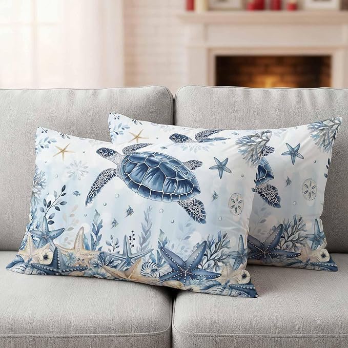 Pack of 2 Blue Turtle Coastal Outdoor Pillow Covers Decorative, Beach Starfish Waterproof Pillow Protector, Nautical Coral Botanical Lumbar Throw Pillowcases for Patio Couch Sofa Home Decor 20"x12"