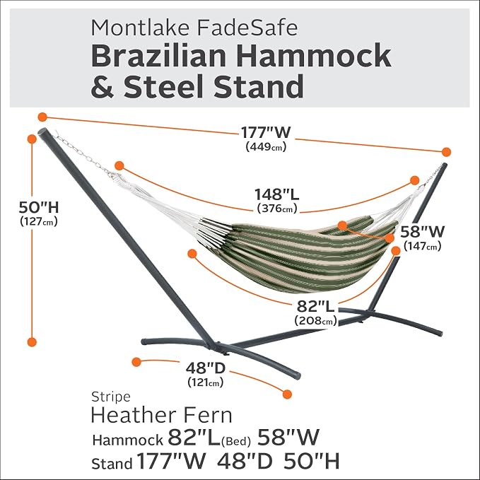 Classic Accessories Montlake Fadesafe Brazilian Hammock with Steel Stand, Heather Fern Green Stripe