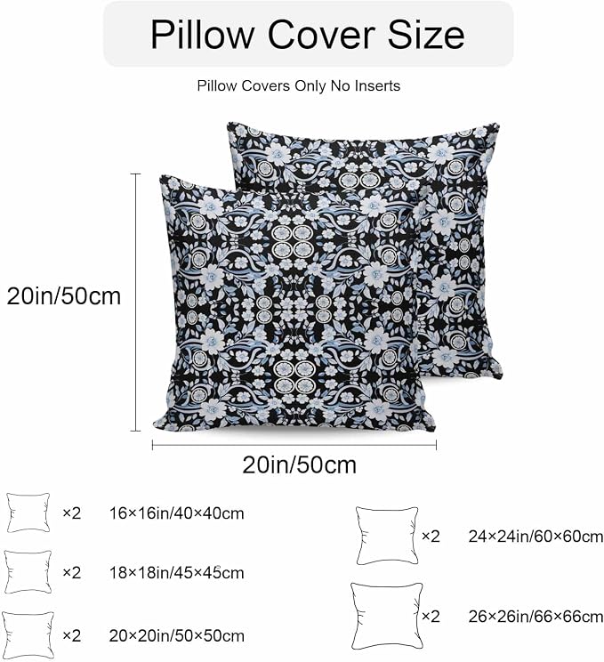 Black Blue Floral Outdoor Pillow Covers 24x24 Inch Throw Pillow Covers Set of 2 Waterproof Decorative Pillow Cases Vintage Pastoral Botanical Leaves Cushion Covers for Patio Furniture Garden Couch