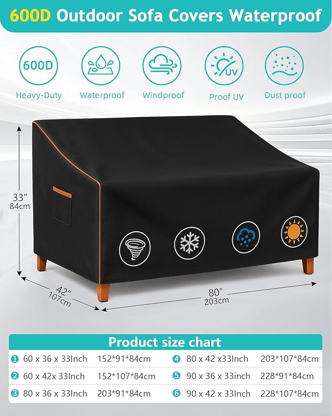 Outdoor Sofa Cover, Waterproof Patio Furniture Cover 80W x 42D x 33H inches Heavy Duty 600D Oxford Fabric Black