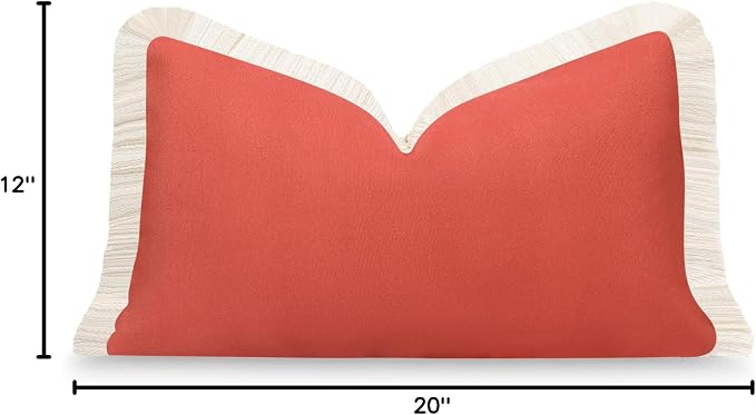 Hofdeco Premium Fall Coastal Patio Indoor Outdoor Lumbar Pillow Cover Only, 12"x20" Water Repellent for Backyard, Couch, Solid Rust Orange Fringe