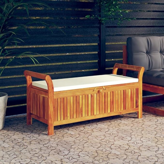 Wooden Outdoor Patio Storage Bench Large Deck Box with White Cream Cushion, Entryway Storage Bench, Solid Wood Acacia Storage Box Deck Box with Seat, 49.6"x19.7"x23.6"