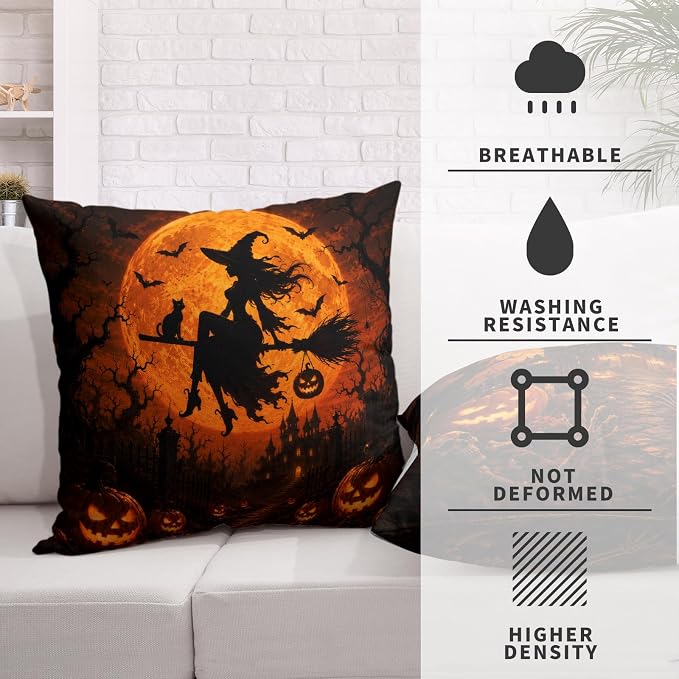 Orange Halloween Pillow Covers 22x22 Set of 2 Spooky Castle Witch Throw Pillow Covers Jack-O-Lantern Pumpkins Decorative Pillowcase for Couch Sofa Indoor Outdoor