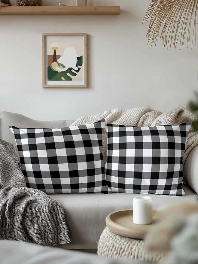 Waterproof Outdoor Pillow 1 Pack Black Buffalo Plaid Decorative Throw Pillows Cover & Insert 16x16 Inch Pillowcase Check Lines Square Pillows for Couch Sofa Bed Patio Furniture Indoor Outdoor