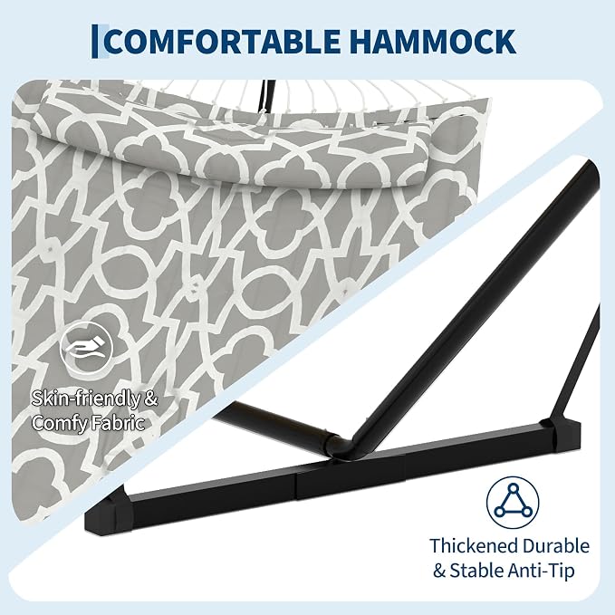 Double Hammock with Stand and Pillow – Heavy Duty Outdoor, Supports 450 Lbs, Balance Rope Included, for Backyard, Patio, and Camping, Light Gray Pattern