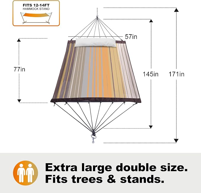GAFETE 14ft 2 Person Hammock for Outside, Quick Dry Textilene, Portable Hammocks Without Stand with Folding Steel Spreader Bar, Carrying Bag, Tree Straps, Pillow & Sidebag, 550 lbs Capacity (Coffee)