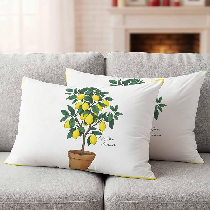 Outdoor Waterproof Throw Pillow Covers, Summer Lemon Decorative Pillow Cases, Yellow Potted Plant Green Botanical Couch Pillow Protector Patio Sofa Cushion Covers Replacement 20"x12" 2 Pack