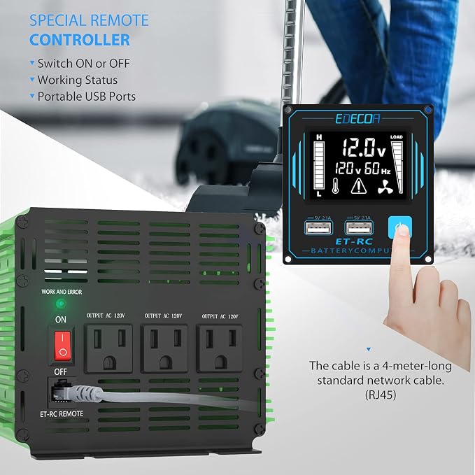 EDECOA 2000 Watt Power Inverter, DC 12V to AC 110V 120V 2000W Converter with LCD Display and Remote Controller Dual USB (with ET-RC Remote)