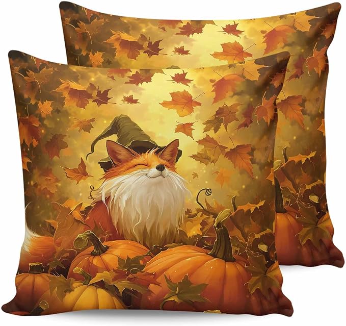 Outdoor Waterproof Throw Pillow Covers 24x24in, Fall Thanksgiving Cute Fox Cushions for Garden Patio Furniture Chairs Set of 2, Pumpkins Maple Leaves Home Decor Couch Sofa Polyester Pillow Cases