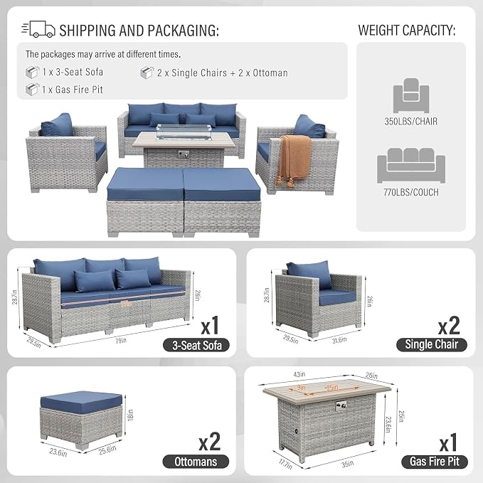 6-Piece Wicker Outdoor Patio Furniture Set with PE Rattan Sectional Sofa, Conversation Set and Fire Pit Table for Backyard Patio(Green)