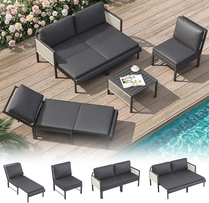 AECOJOY Aluminum Patio Sectional Sofa Set with Coffee Table, 4-Seat | Outdoor Conversation Set, Porch & Deck Use, Includes Central Table, Sectional Couch