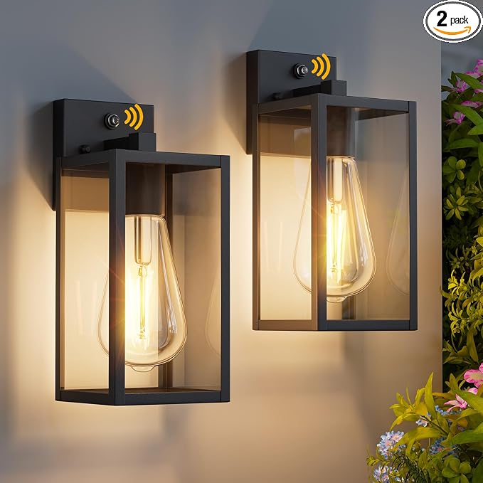 2 Pack 13‘’ Dusk to Dawn Outdoor Wall Light Fixture, Large Front Porch Lights for House, Exterior Wall Sconce, Black Waterproof Lantern Lamp,Outside Coach Light for Garage Entryway Yard