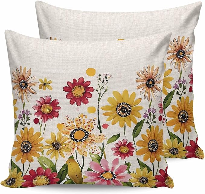 Outdoor Waterproof Pillow Covers for Patio Furniture Pink Purple Floral Decorative Throw Pillow Cover Red Yellow Flowers Pillowcases Set of 2 Cushion Case for Sofa Couch Chair Home Decor 16"x16"