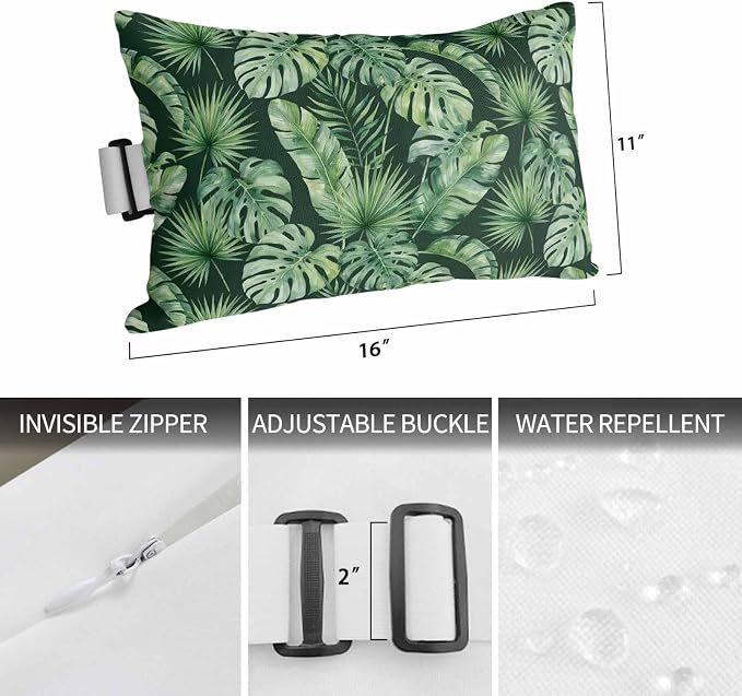 Tropical Botanical Outdoor Chaise Lounge Chair Head Pillow,Green Monstera Leaves Summer Waterproof Headrest Lumbar Throw Pillows Cover Case with Insert and Elastic Band for Pool Patio,11"x16" 1Pack
