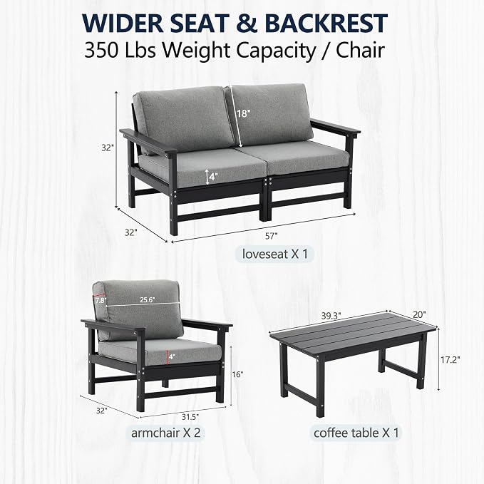 4-Piece Outdoor Patio Furniture Set, Modular HDPE Conversation Set with Loveseat, 2 Armchairs & Large Coffee Table, Waterproof & UV-Resistant Outdoor Sofa with Cushions for Garden
