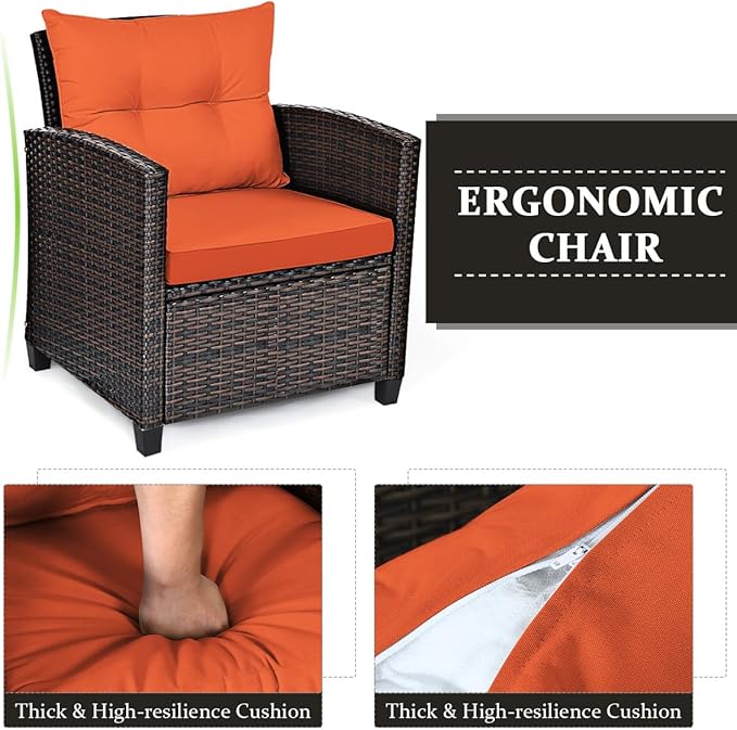 RELAX4LIFE 3 Piece Patio Furniture Set, Wicker Bistro Conversation Set w/2 Cushioned Armchairs & Glass Topped Table, Outdoor Rattan Sofa Set Patio Furniture for Porch Balcony Poolside (Orange)