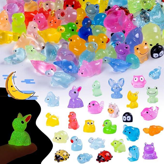 100 Pcs Glow in The Dark Mini Resin Animals - 50 Styles Bulk Tiny Animals Figures for Fairy Garden,Aquarium Decor,Party Favors,DIY Craft Trinkets