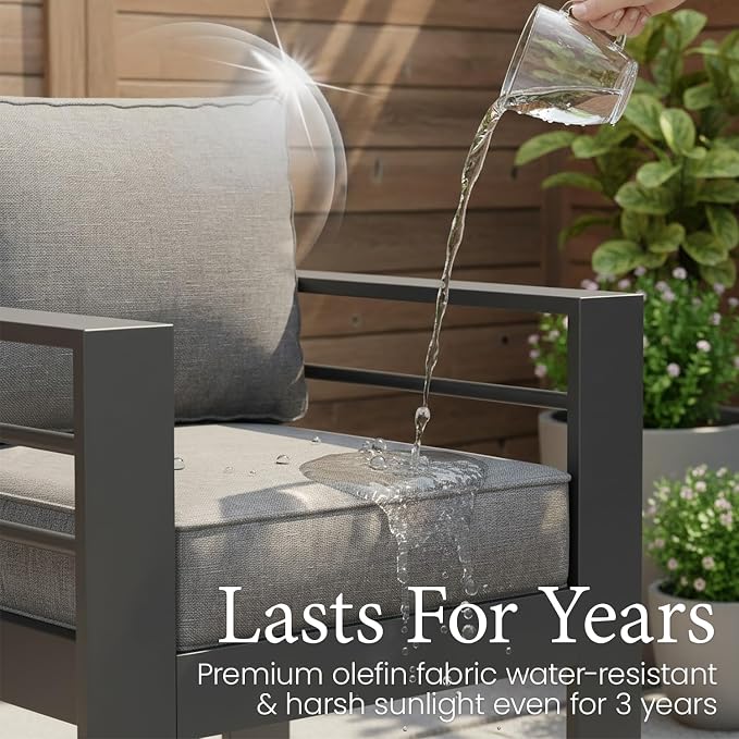 LayinSun Aluminum Furniture Set with Fire Pit Table, 4 Pieces Patio Sectional Conversation Chat Sofa Modern Seating Set