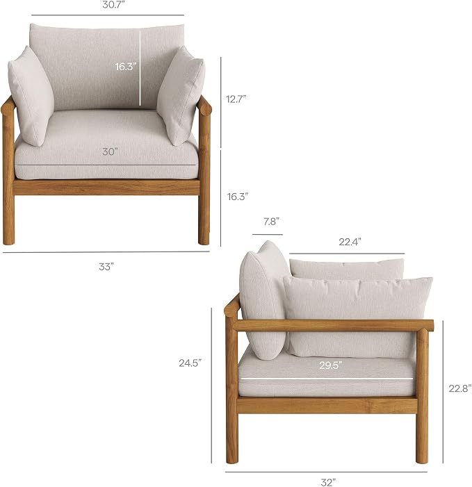 Modway Eleni 5-Piece Outdoor Teak Wood Patio Furniture Set in Natural Sail – Backyard Conversation Set with Loveseat, 2 Armchairs, Side Table, and Coffee Table