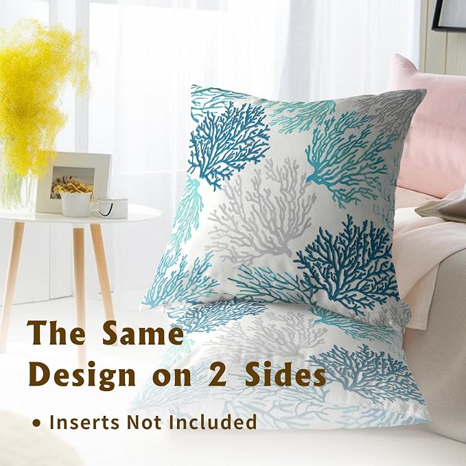 Blue Coastal Throw Pillow Covers 20x20 Inch, 2Pcs Teal Grayed Jade Grey Coral Square Cushion Cover Pillow Case Summer Decor for Home Sofa Bed Couch
