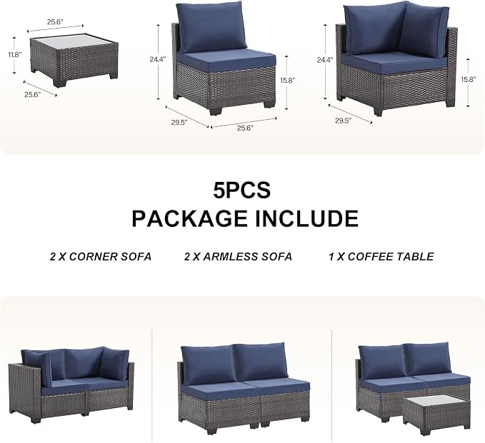 CANMOV 5 Pieces Patio Furniture Sets, All Weather Outdoor Patio Conversation Set, Wicker Rattan Sectional Sofa Couch Glass Coffee Table and Washable Cushions for Backyard Garden, Porch, Navy Blue
