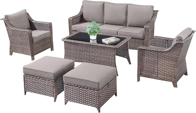 6 Pieces Outdoor Patio Furniture-High Back Rattan Wicker Couch with Outdoor Chairs Patio Conversation Sets for Porch Garden Backyard Poolside-Brown/Grey