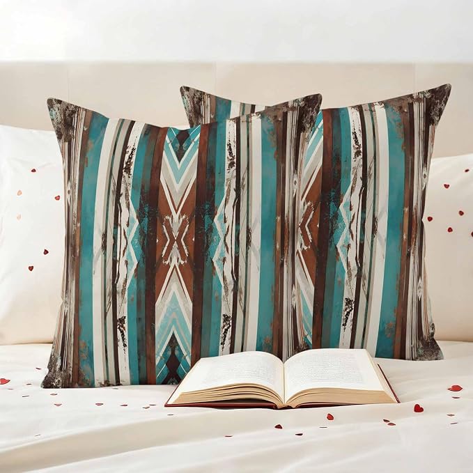 Ethnic Tribal Stripes Outdoor Pillow Covers 24"x24" Set of 2, Retro Vintage Geometric Teal Brown Stripes Waterproof Throw Pillow Covers for Patio Furniture, Decorative Cushion Covers for Porch