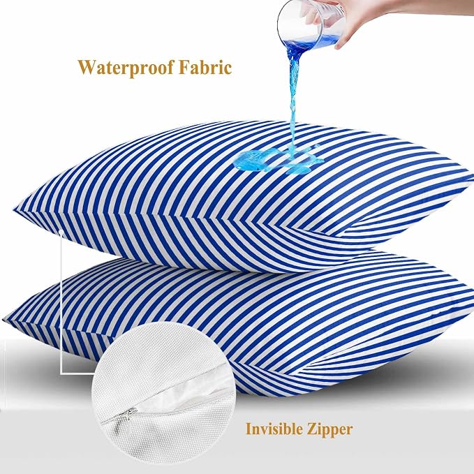 Throw Pillow Covers 16x16 Inch Set of 2, Navy Blue Stripe Waterproof Outdoor Cushion Covers, Modern White Vertical Striped Geometric Decorative Pillowcases for Couch, Sofa, Bed, Garden, Patio