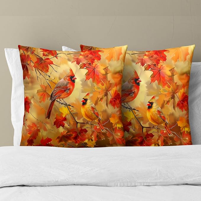 Fall Throw Pillow Covers 22x22 Set of 2, Autumn Maple Leaves Birds Harvest Season Decorative Pillow Cases Cotton Linen Cushion Cover for Living Room Bed Sofa Car Home Decor