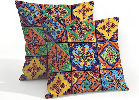 18x18 Inch Outdoor Pillow Covers Set of 2 Waterproof Throw Pillow Covers Decorative Couch Cushion Covers Mexican Floral Checkered Square Pillowcases Protectors for Patio Garden Sofa