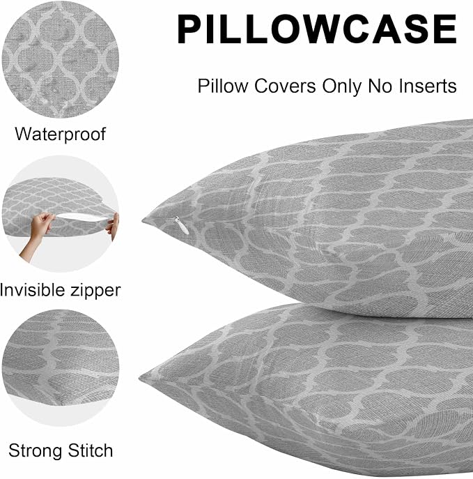 Grey Moroccan Outdoor Pillow Covers 24x24 Inch Throw Pillow Covers Set of 2 Waterproof Decorative Pillow Cases Vintage Ethnic Abstract Geometric Stripes Cushion Covers for Patio Furniture Garden Couch