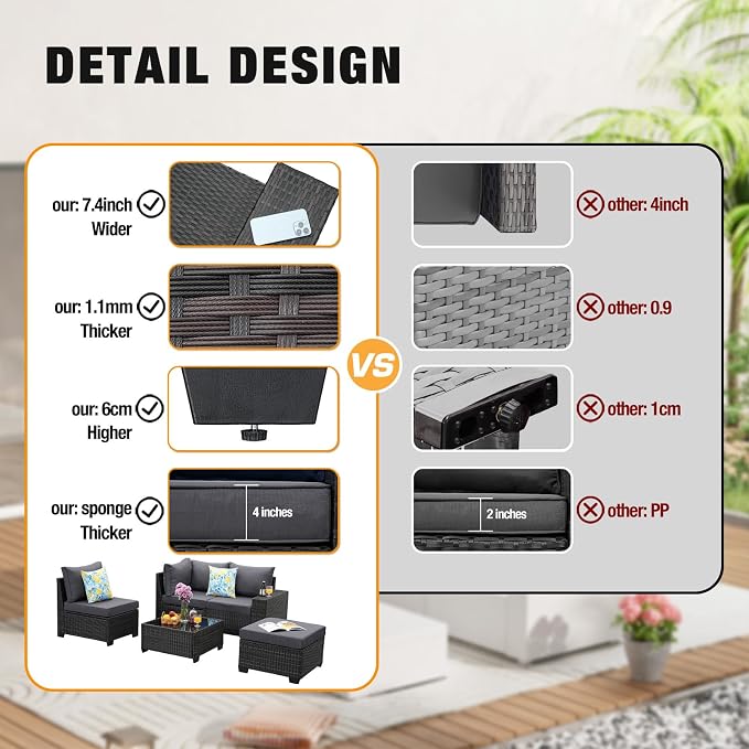 JOYURE 5 Pieces Patio Furniture Set All-Weather Outdoor Wicker Sectional Conversation Sofa Rattan Patio Seating Sofa with Cushion and Glass Table for Porch Poolside,Grey