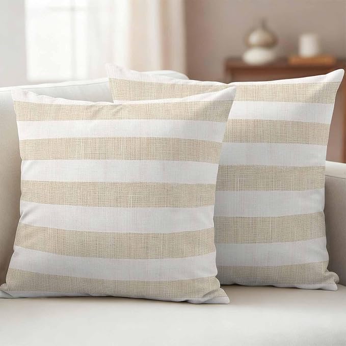 Vintage Linen Outdoor Waterproof Throw Pillow Covers Set of 2, 24"x24", Striped Beige Theme Farmhouse Decorative Pillow Covers Outside Cushion Case for Patio Porch Garden